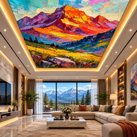 Recessed illuminated false ceiling featuring colourful mountain artwork above a modern living room