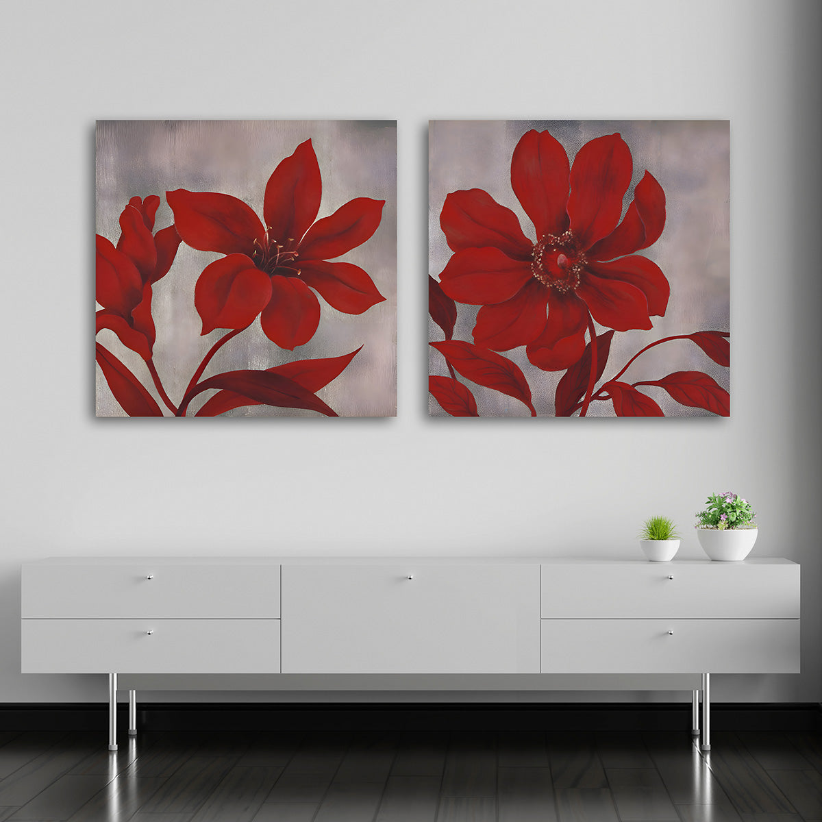 Abstract red floral canvas painting wall art set for modern living room decor