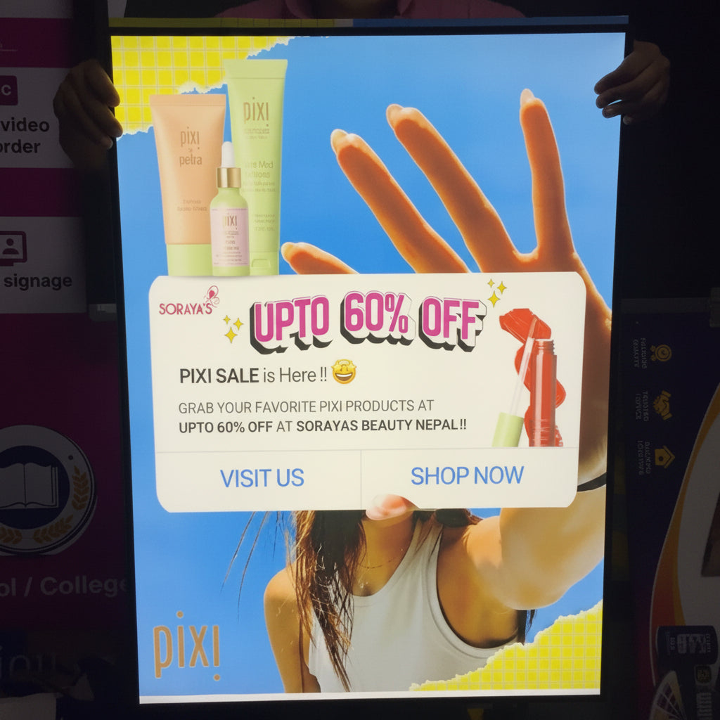 Backlit removable paper LED advertising board promoting cosmetics products and a retail sale