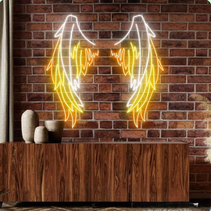 Angel Wings Neon Light for Wall Decors | Big Large Size Angel Wings Neon Light for Selfie Point | Custom Neon Sign (48 by 48 inches) Neon angel wings on a brick wall with wooden shelf and decorative vases.