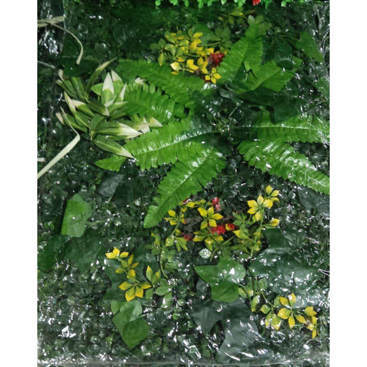 Artificial Vertical Garden, Artificial Wall Flower for Wall Decor | Artificial Green Wall Hanging Plants | Wall Decoration (16 by 24 Inches) Collection of green leaves and small yellow flowers on a clear plastic background