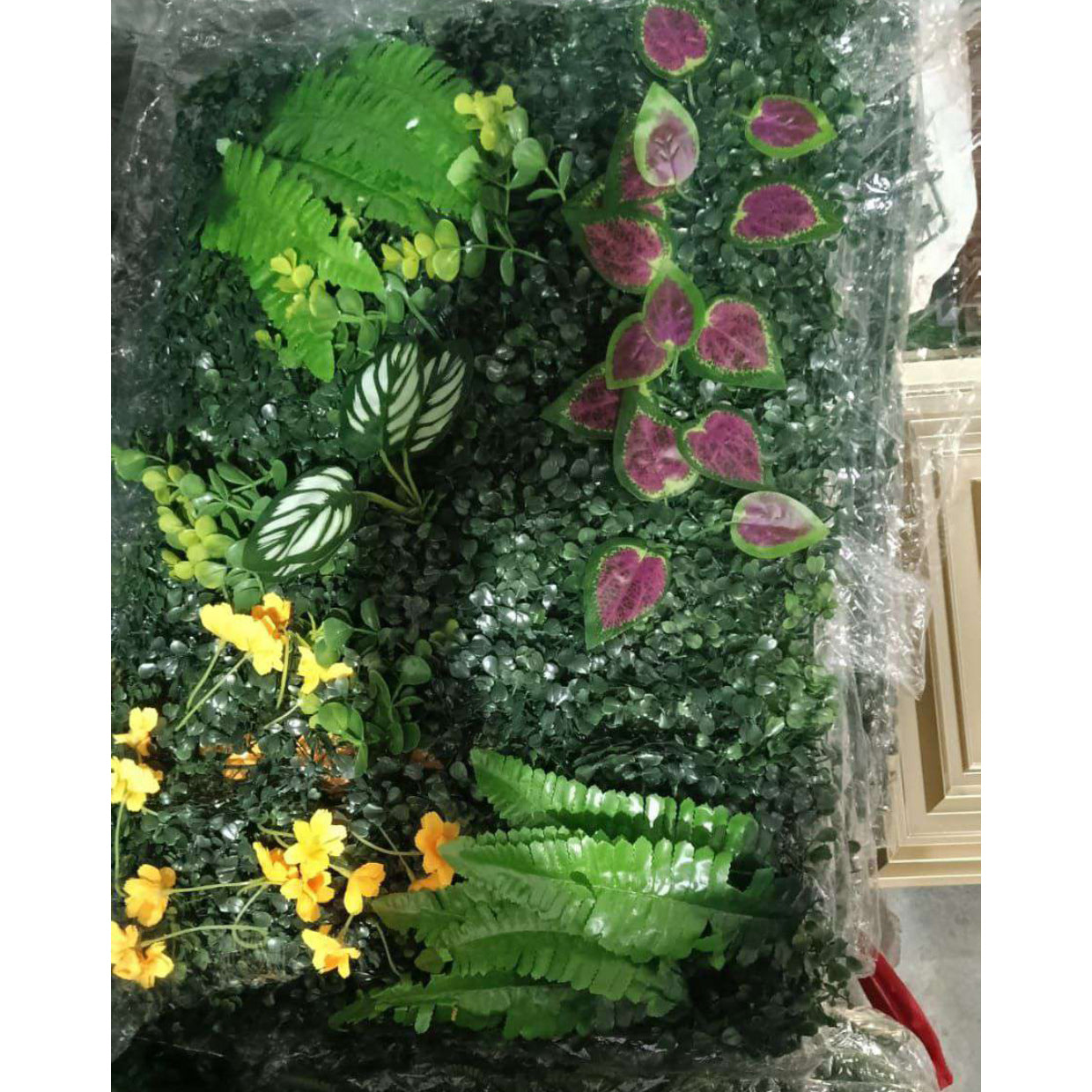 Artificial Vertical Garden, Artificial Wall Flower for Wall Decor | Artificial Green Wall Hanging Plants | Wall Decoration (16 by 24 Inches) Artificial plants and flowers arranged in a decorative pattern on a white background