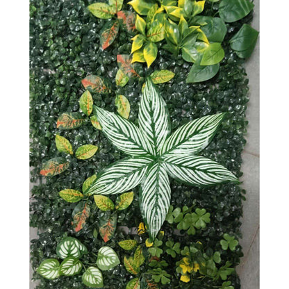 Artificial Vertical Garden, Artificial Wall Flower for Wall Decor | Artificial Green Wall Hanging Plants | Wall Decoration (16 by 24 Inches) Artificial green wall with a large decorative leaf in the center