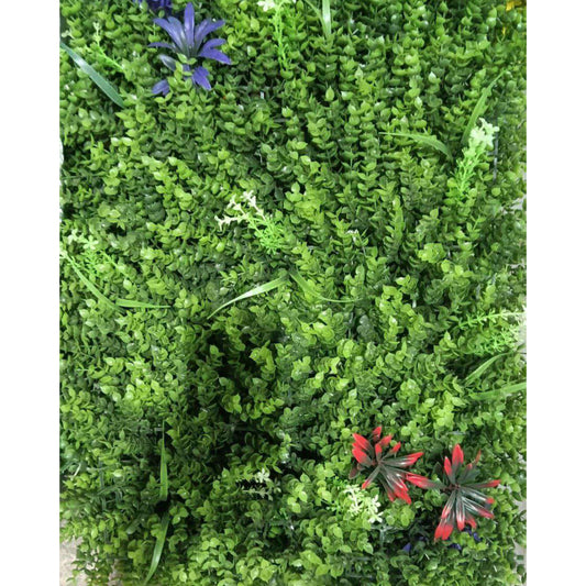 Artificial Vertical Garden, Artificial Wall Flower for Wall Decor | Artificial Green Wall Hanging Plants | Wall Decoration (16 by 24 Inches) Artificial green bush with a few flowers on a white background