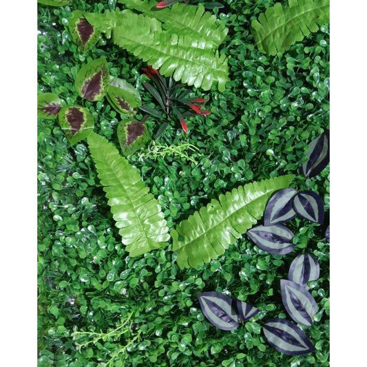 Artificial Vertical Garden, Artificial Wall Flower for Wall Decor | Artificial Green Wall Hanging Plants | Wall Decoration (16 by 24 Inches) Collection of various green leaves on a textured green background
