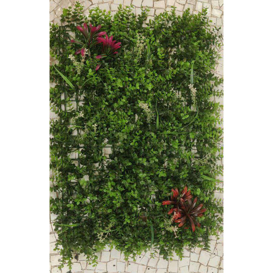 Artificial Vertical Garden, Artificial Wall Flower for Wall Decor | Artificial Green Wall hHanging Plants | Wall Decoration (16 by 24 Inches) Artificial green wall with red flowers on a stone floor