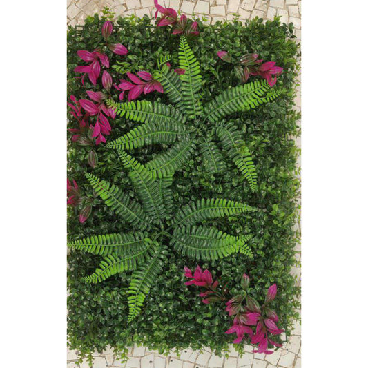 Artificial Vertical Garden, Artificial Wall Flower for Wall Decor | Artificial Green Wall hHanging Plants | Wall Decoration (16 by 24 Inches) Artificial green wall with ferns and pink flowers on a white background