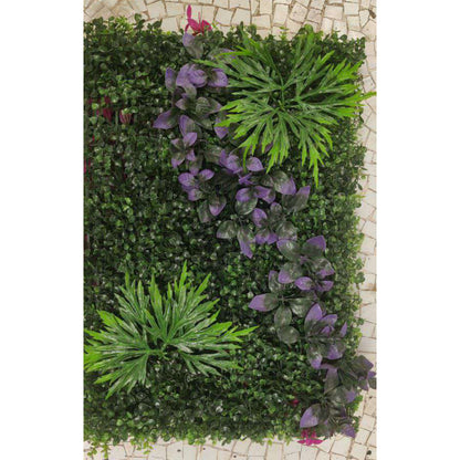 Artificial Vertical Garden, Artificial Wall Flower for Wall Decor | Artificial Green Wall hHanging Plants | Wall Decoration (16 by 24 Inches) Artificial greenery panel with purple flowers on a mosaic tile background