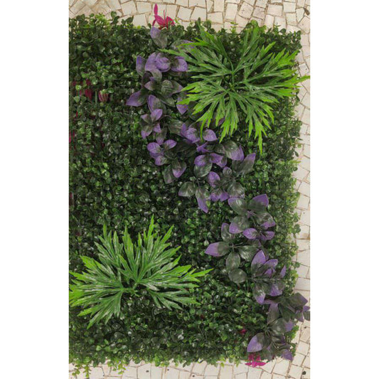 Artificial Vertical Garden, Artificial Wall Flower for Wall Decor | Artificial Green Wall hHanging Plants | Wall Decoration (16 by 24 Inches) Artificial greenery panel with purple flowers on a mosaic tile background
