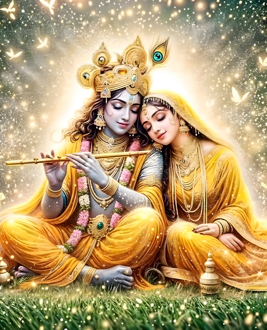 Artistic Radha Krishna Canvas | Wall Painting Art for Living Room Two figures in ornate attire with gold and yellow colors, sitting closely together on a grassy background.
