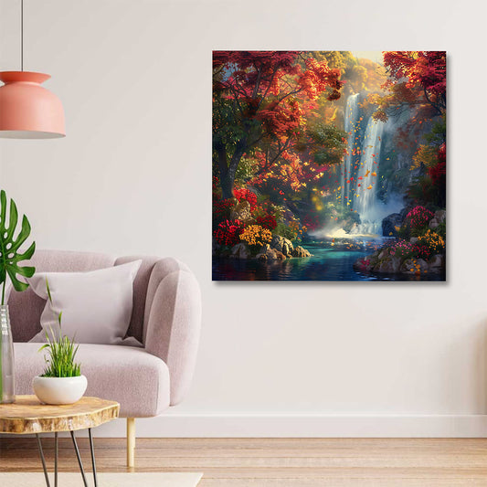 Autumn forest waterfall canvas painting nature landscape wall art for living room and bedroom decor