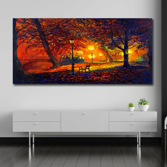 Autumn park night panoramic canvas wall painting with glowing street lights and warm fall colors for large living room wall decor