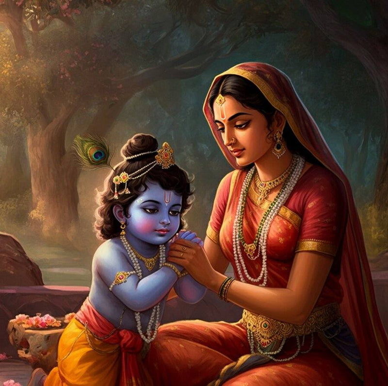 Bal Krishna and Yashoda Wallpaper for Living Room Decor Woman and child in traditional attire with jewelry, set against a natural background