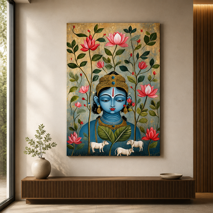 Premium Bal Krishna devotional canvas painting with lotus flowers and calves