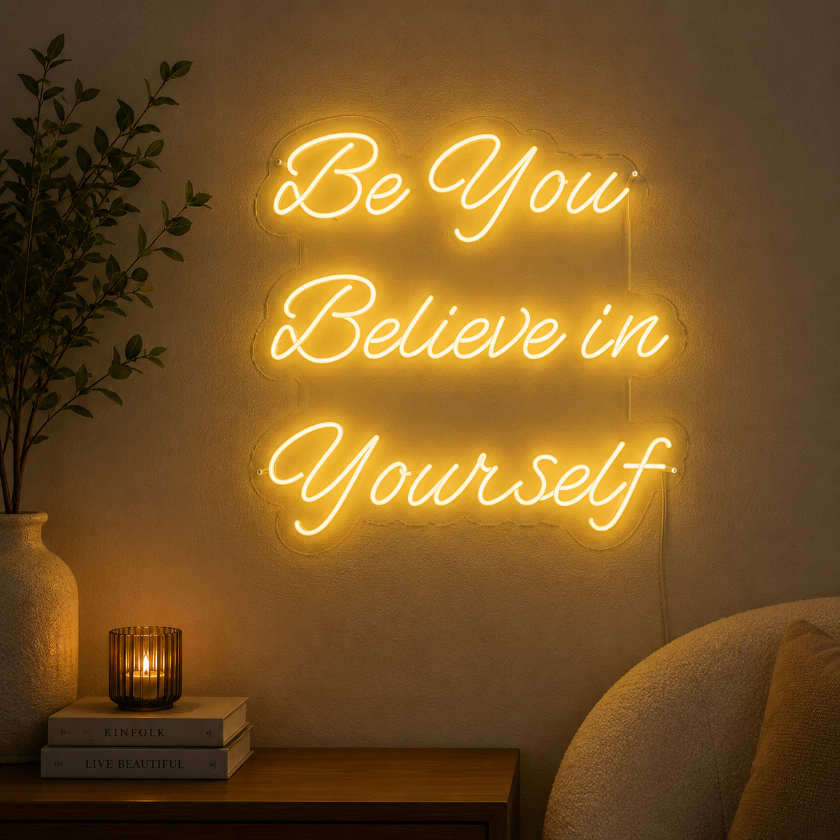 Motivational LED neon wall sign with Be You Believe in Yourself quote for home office, classroom and bedroom