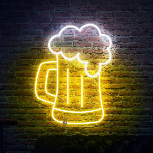 Beer Mug Neon Sign | Custom Neon Sign | Neon for Restaurant, Bar Neon light shaped like a beer mug on a brick wall