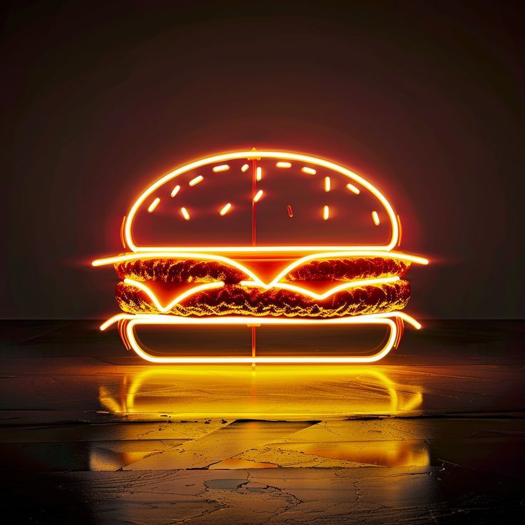 Big Burger Neon Sign | Custom Neon Sign | Neon for Restaurants and Shops Neon light sculpture of a burger on a reflective surface with a dark background