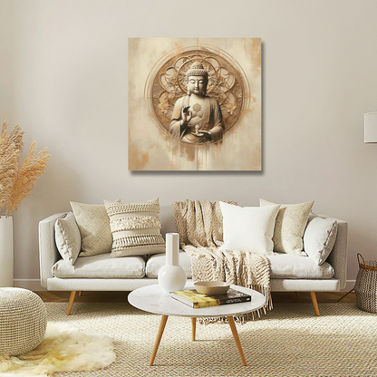 Blessing Lord Buddha Canvas Painting Wall Frame | Lord Buddha Wall Art Frame Living room with a Buddha artwork on the wall, white sofa, and decorative items.