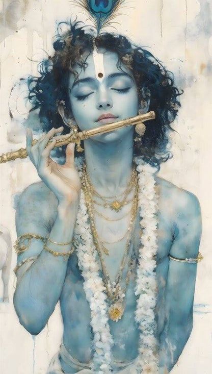 Blue Flute Krishna Wallpaper | Spiritual Art for Music Room Artistic depiction of a figure with blue skin, dark hair, and jewelry holding a flute.