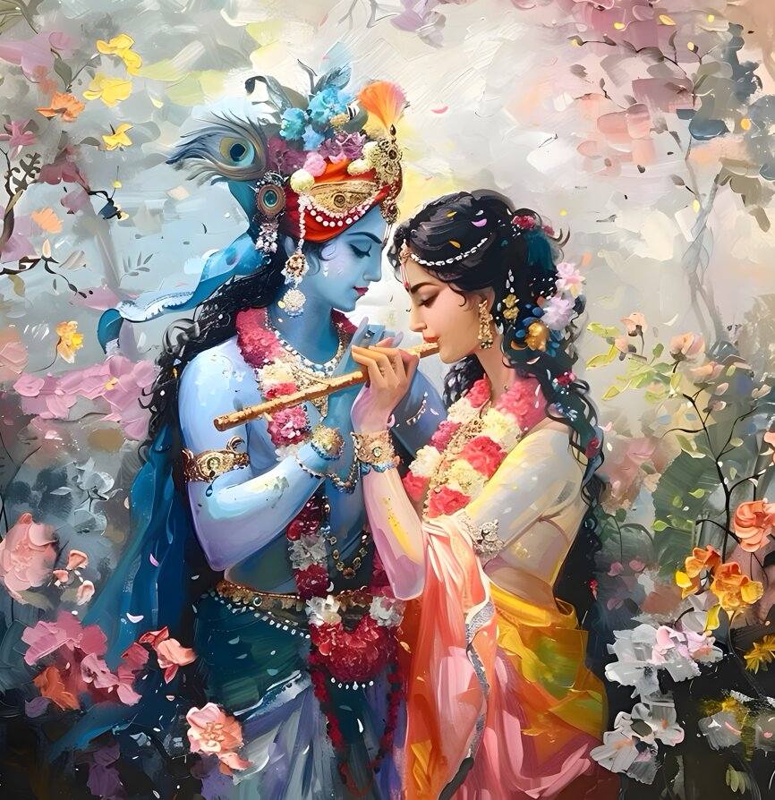 Blue Radha Krishna Wallpaper | Spiritual Art for Wall Decor Two figures in a floral setting with one playing a flute