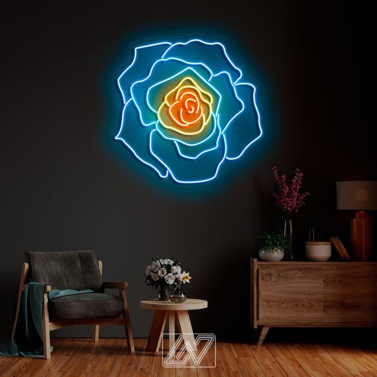 Blue Rose Neon Sign – Custom Neon Sign Gift for Girls Neon light shaped like a rose on a dark wall in a room with furniture.