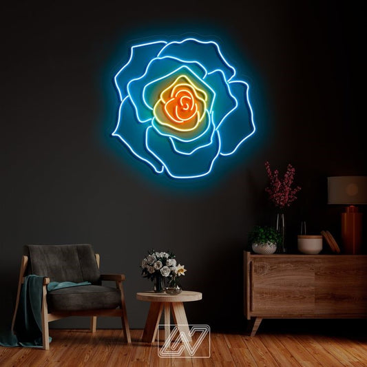 Blue Rose Neon Sign – Custom Neon Sign Gift for Girls Neon light shaped like a rose on a dark wall in a room with furniture.