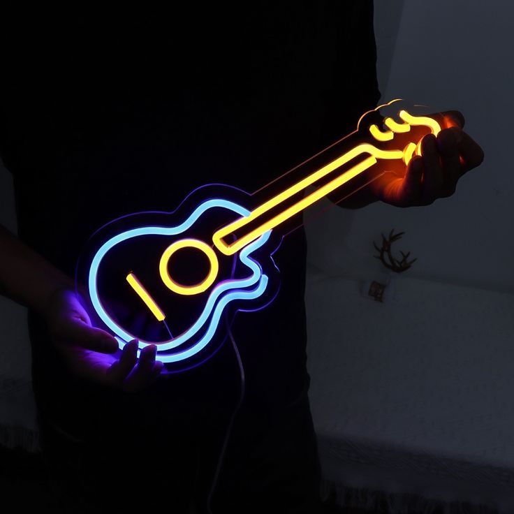 Guitar neon wall sign with blue yellow and purple glow for music room and studio decor