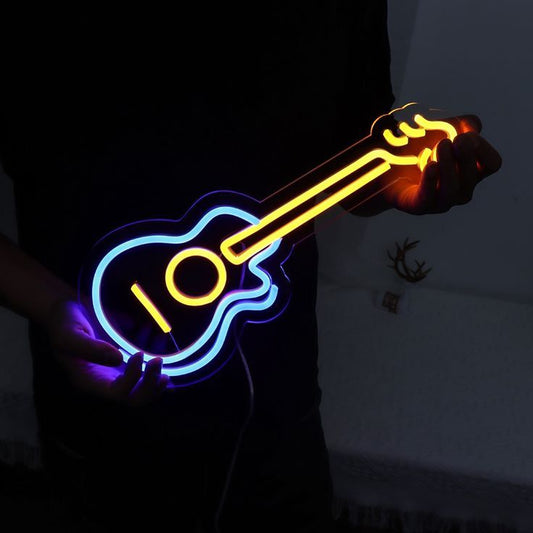Guitar neon wall sign with blue yellow and purple glow for music room and studio decor