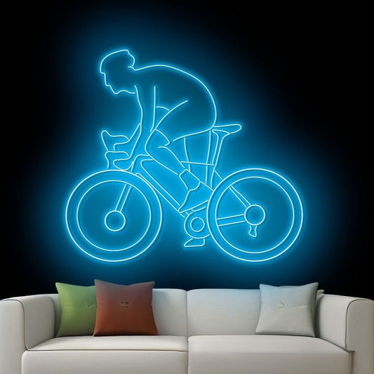 Blue bicycle rider neon wall sign for cycling room gym and contemporary home decor
