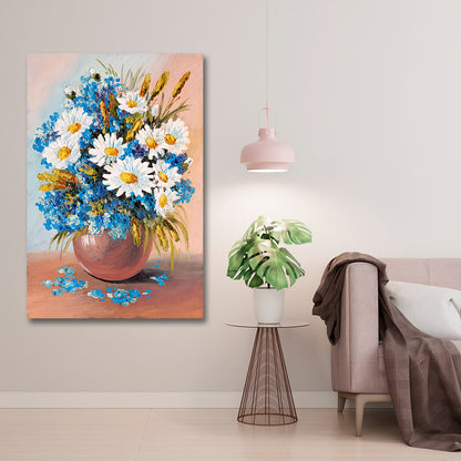 Blue daisy floral vase canvas wall art for modern living room décor
