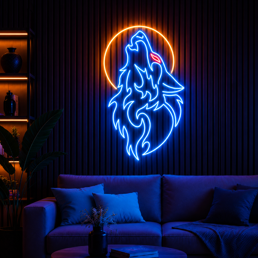 Premium blue wolf LED neon wall light featuring illuminated moon for cafés, bars, offices and entertainment rooms