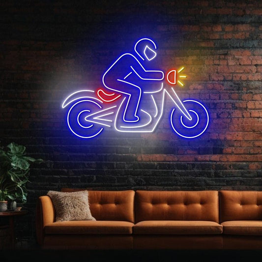 Motorcycle rider neon wall sign with blue white and red illumination