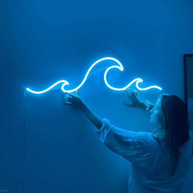 Bright blue wave neon wall light for bedroom, bar, beach house and interior decor