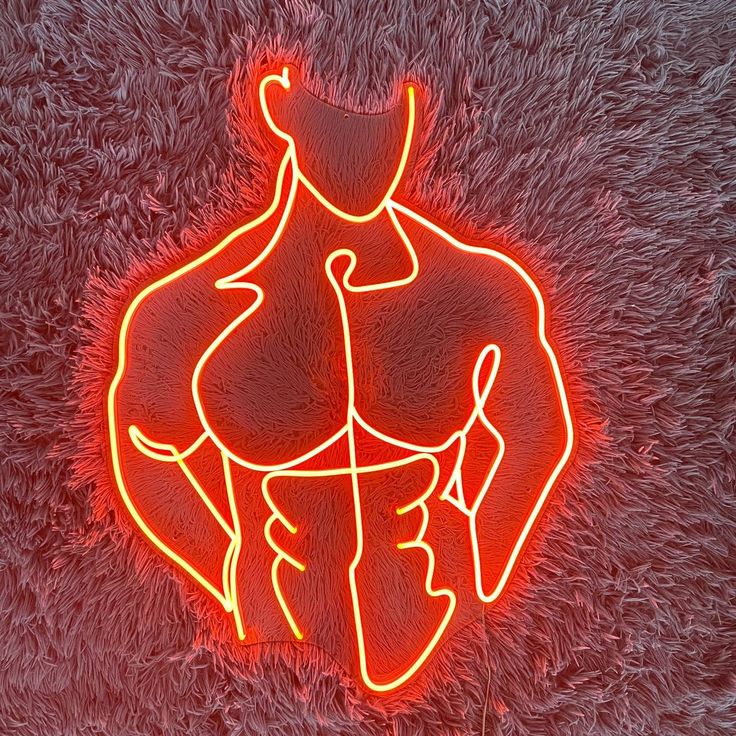 Body Cutting Neon Sign | Custom Neon Sign | Neon for Gym Wall Decor Neon outline of a person on a textured red background