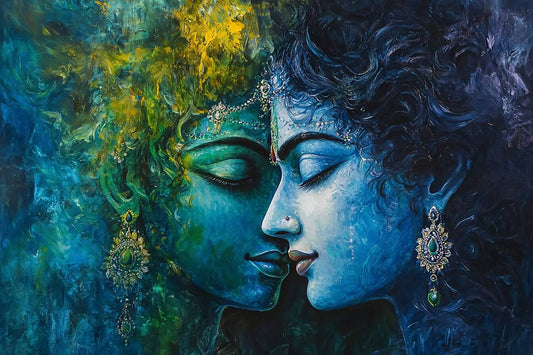 Boho Canvas Painting | Radha Krishna Divine Couple Painting Artistic depiction of two faces, one green and one blue, with intricate details.