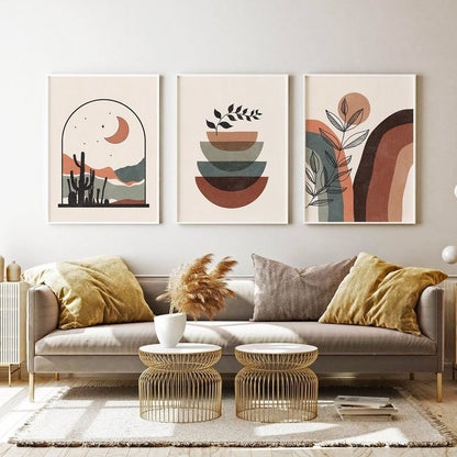 Neutral botanical abstract canvas prints with desert and geometric modern artwork