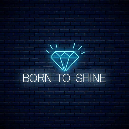Born To Shine Neon Sign | Custom Neon Sign | Neon for Jewelry Shop Neon sign with diamond icon and 'Born to Shine' text on a brick wall background