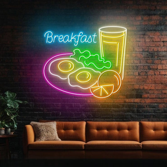 Breakfast Meal Neon Sign | Custom Neon Sign | Neon for Restaurant, Shops Neon sign of a breakfast scene with a glass, eggs, and fruit on a brick wall.