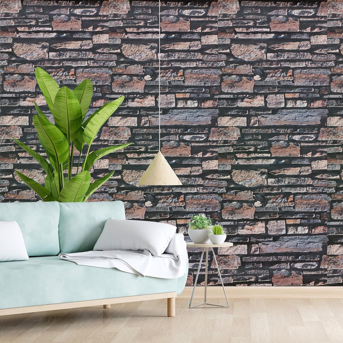 3D Modern Design Wallpaper, use as Wall Covering for Living Room, Living Room, Walls Grey Color Wallpaper (Roll 57 sq ft) Living room with a stone-patterned wall, 