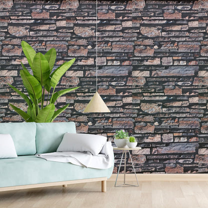3D Modern Design Wallpaper, use as Wall Covering for Living Room, Living Room, Walls Grey Color Wallpaper (Roll 57 sq ft) Living room with a stone-patterned wall, 