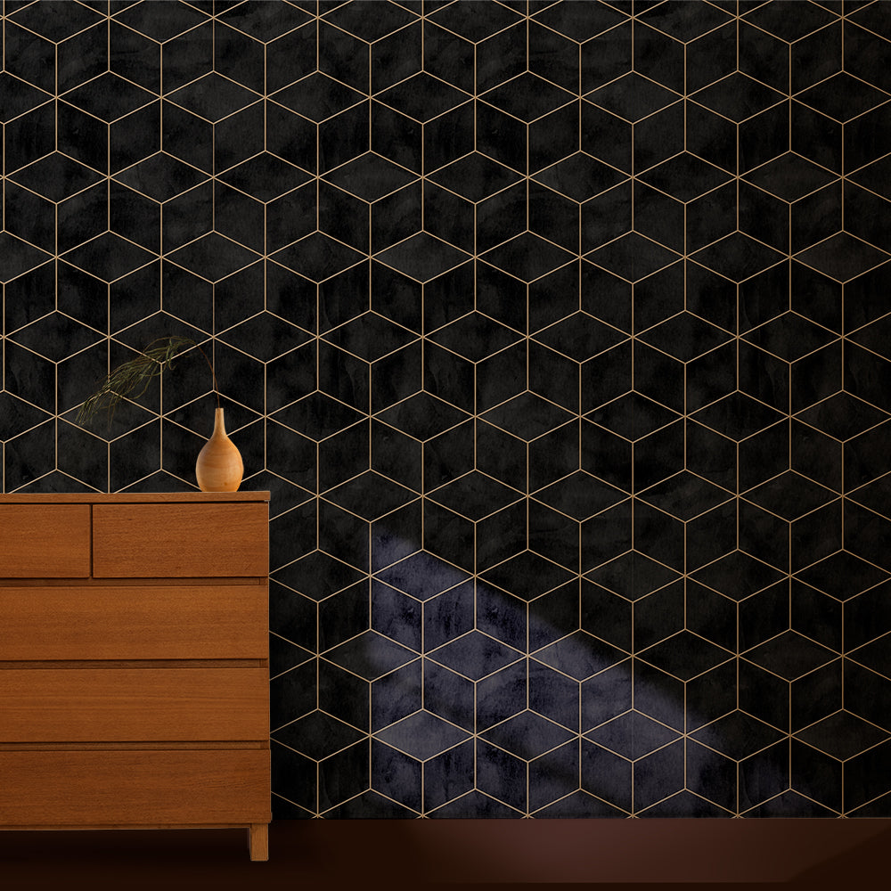 Premium Luxury Solid Black Cubicles Pattern Wallpaper