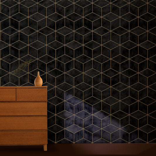 Premium Luxury Solid Black Cubicles Pattern Wallpaper