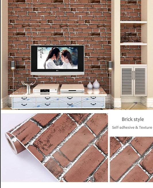 Peel and Stick self Adhesive Wall Paper for Wall Decor Stickers DIY for Living Room, Bedroom, Office Easy to Stick PVC, 45 cm x 300 cm, Brick Brick-style wallpaper roll with a living room setting featuring a TV and furniture.