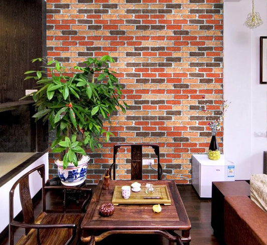Self Adhesive Wallpaper DIY Peel and Stick Wall Stickers for Living Room, Bedroom, Waterproof Scratch Resistance for Home décor 45 cm x 300 cm Brick  Living room with a brick wall, wooden table, chairs, and decorative items.