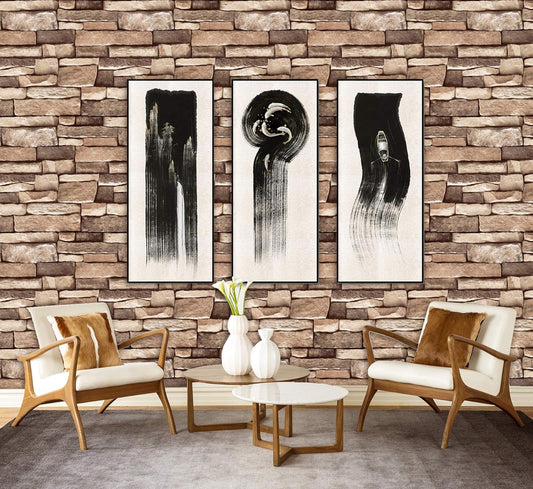 Peel and Stick Wallpaper, Self Adhesive DIY Wall Sticker for Bedroom Hall Living Room Kitchen Home & Office, PVC Coated & Waterproof Surface Scratch Resistant – 45 x 300cm Modern living room with stone wall, chairs, and abstract art