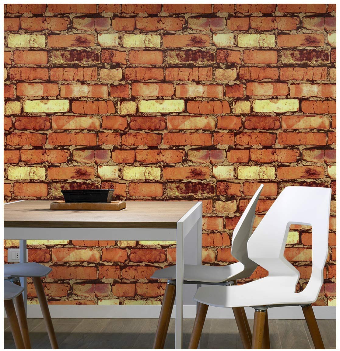 self Adhesive Wallpaper DIY Peel and Stick Wall Stickers for Living Room, Bedroom, Office (Brick Design, 45x 600 cm) Dining area with a brick wall mural, table, and chairs.