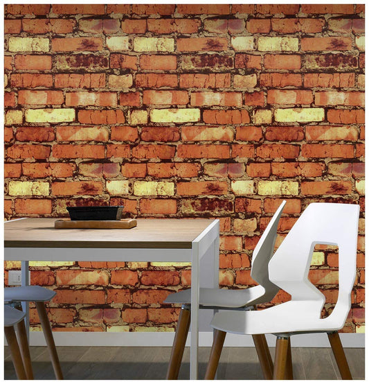 self Adhesive Wallpaper DIY Peel and Stick Wall Stickers for Living Room, Bedroom, Office (Brick Design, 45x 600 cm) Dining area with a brick wall mural, table, and chairs.