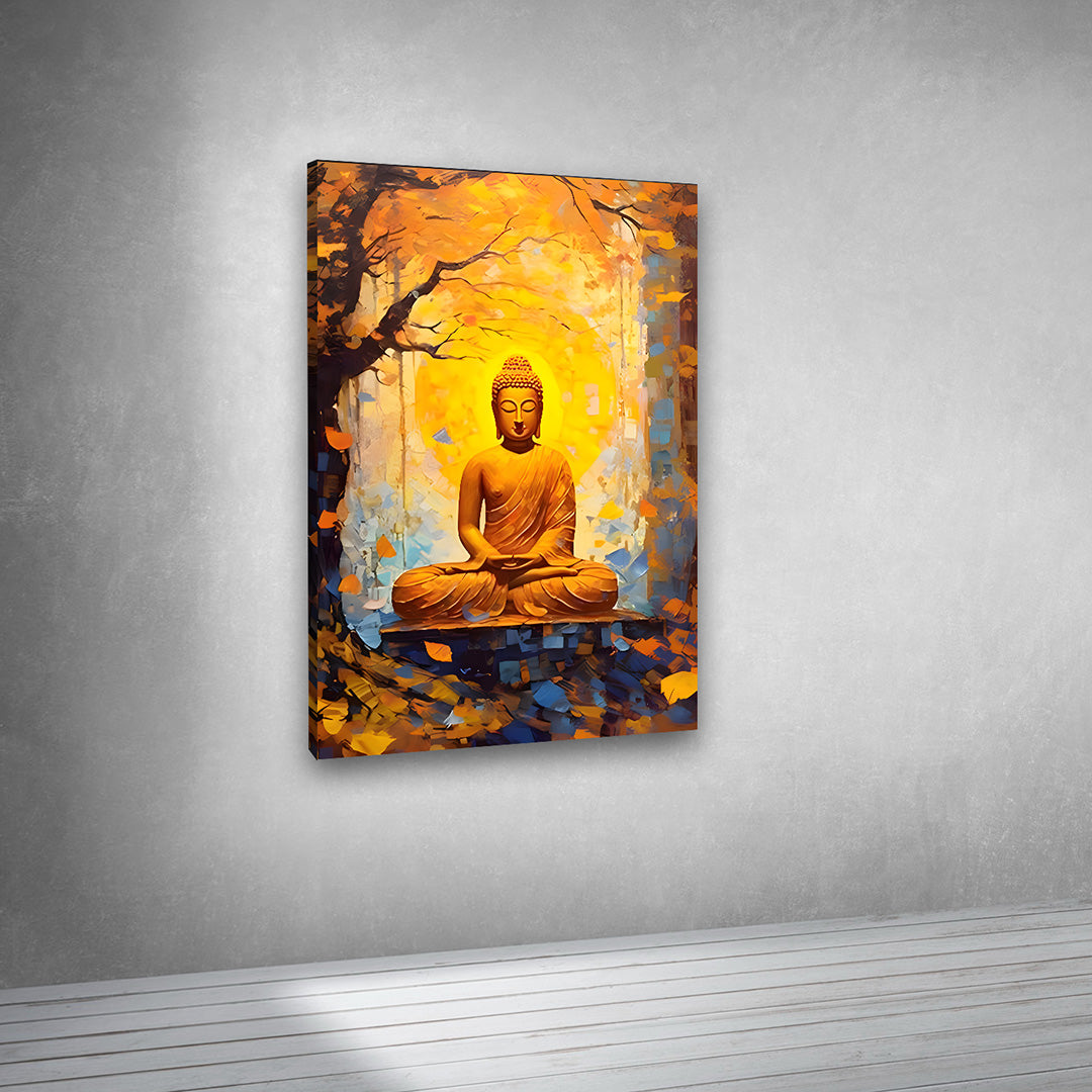 Buddha meditating in forest golden glow canvas painting zen wall art for living room