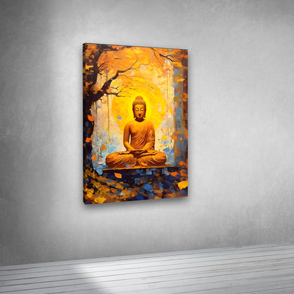 Buddha meditating in forest golden glow canvas painting zen wall art for living room