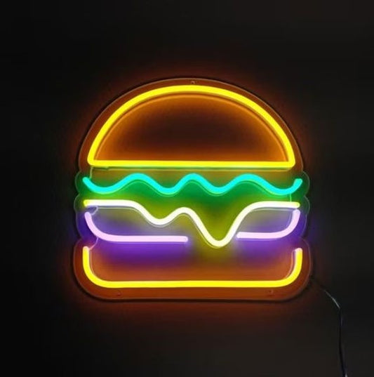 Burgers Neon Sign | Custom Neon Sign | Neon for Restaurant, Cafe Neon sign shaped like a hamburger on a black background